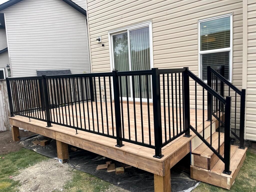 calgary large wood deck black railing